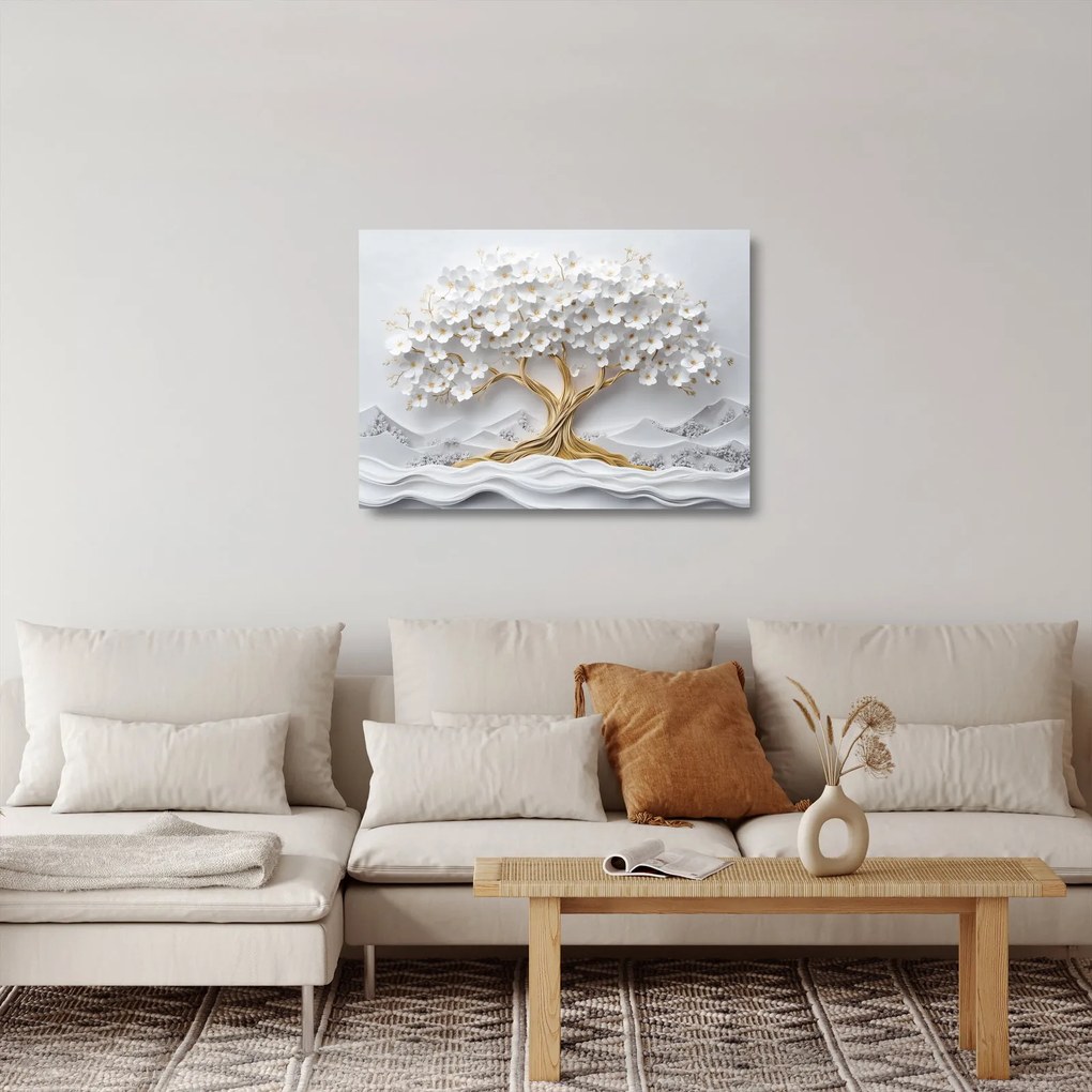 Sklenený obraz – 3D elegantný strom života plný kvetov (70x50 cm)