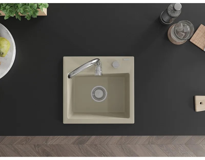 Mexen Milo, 1-komorový granitový drez 435x410x171 mm a chrómová batéria Telma, béžová, 6505-69-670200-00