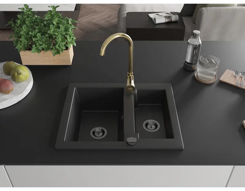Mexen Carlos, granitový drez 582x475x177 mm, 1,5-komorový a zlatá drezová batéria Telma, čierna, 6518-77-670200-50