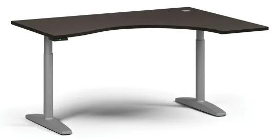 Výškovo nastaviteľný stôl OBOL, elektrický, 675-1325 mm, ergonomický pravý, doska 1600x1200 mm, sivá zaoblená podnož, wenge