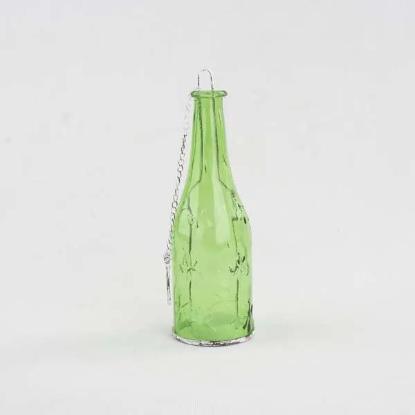 Závesný sklenený svietnik-zelená farba-fľaša tvar