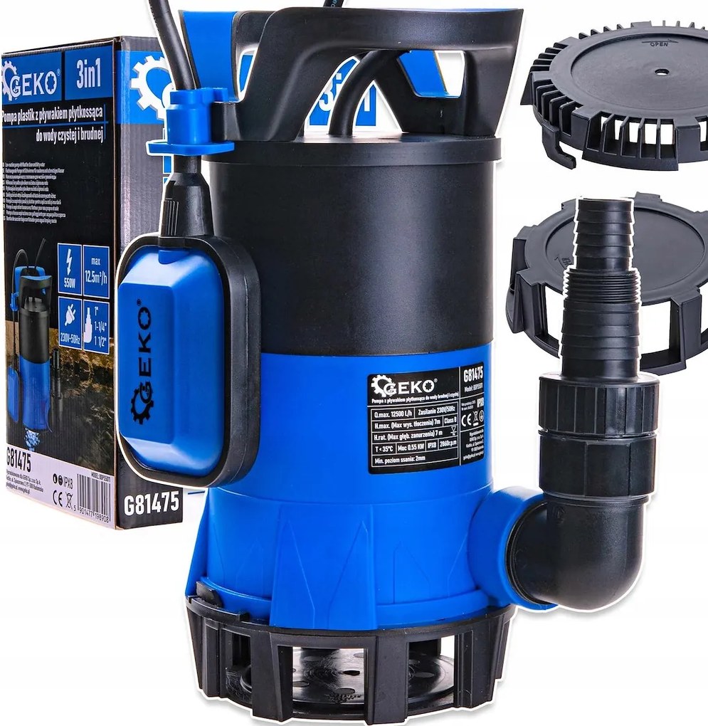 Čerpadlo s plovákom 550 W plytké 3v1 pre čistú, špinavú vodu Geko