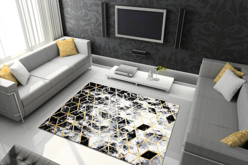 Koberec moderný 3D GLOSS 409A 82 Kocky, glamour, art deco čierno / zlato / sivý