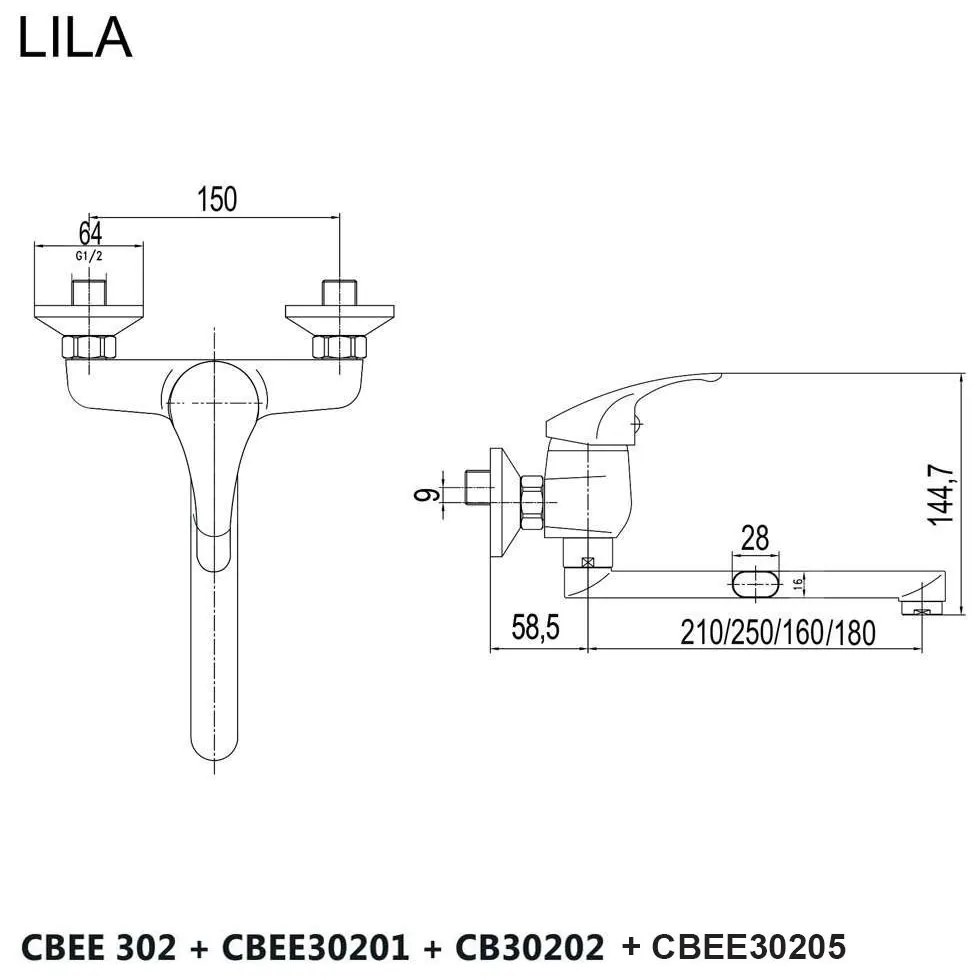 Mereo Mereo, Drezová nástenná batéria, Lila, s ramienkom plochým rovným 180 mm, chróm, MER-CBEE30205