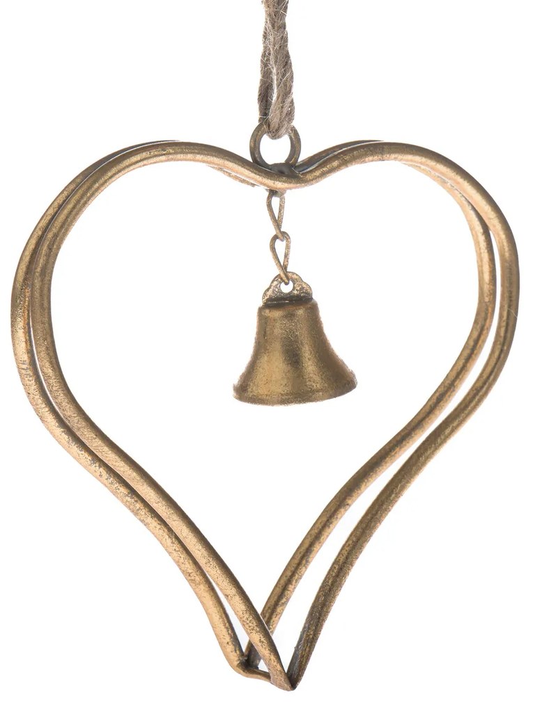Kovové závesné srdce so zvončekom Christmas Gold, 16,5 cm