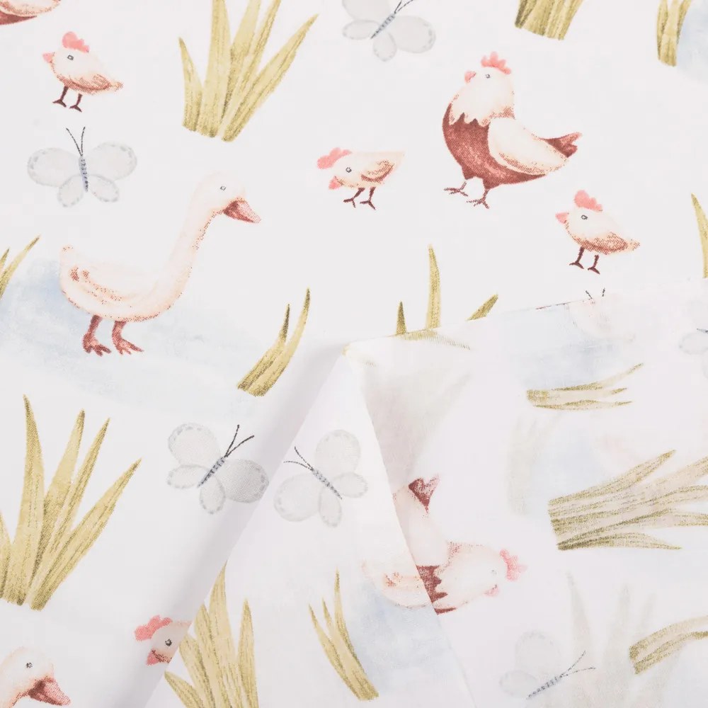 Biante Detský bavlnený záves Sandra SA-752 Sliepočky a húsky na bielom 150x170 cm