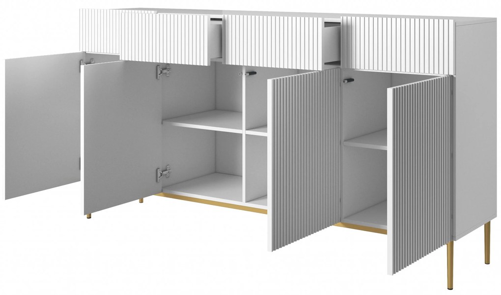 Biela štvordverová komoda Nicole 200 cm so zásuvkami s ryhovaným čelom - biely mat / zlaté nožičky