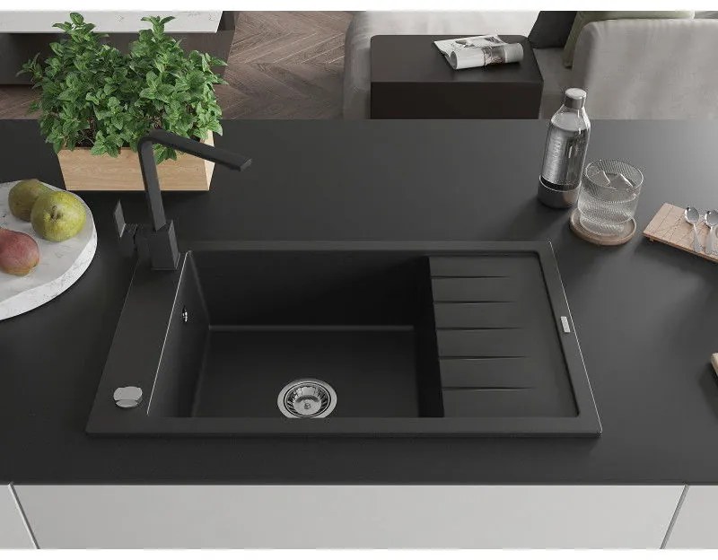 Mexen Elias, granitový drez granitový 795x480x200 mm, 1-komorový, čierna s chrómovým sifónom a čierna drezová batéria Rita, 6511-77-670300-70