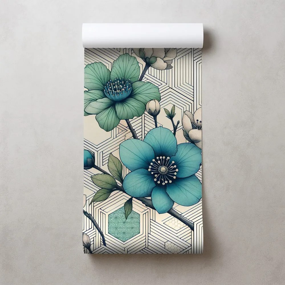 Tapeta modré kvety s geometrickým pozadím