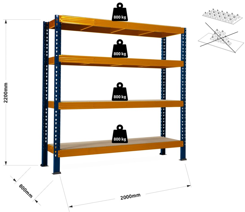 Trestles Nekonečný priemyselný regál 2200x2000x800, 4 police Farba: oranžová a modrá