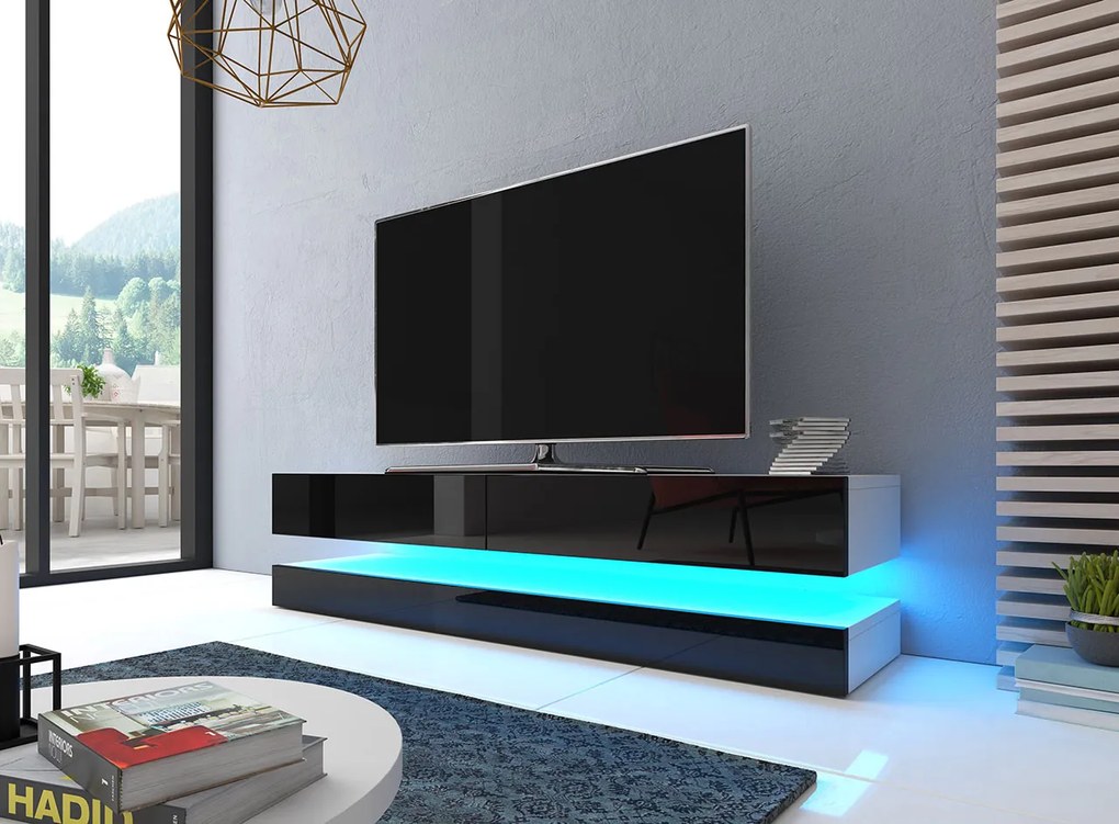 Moderný TV stolík Flop, bílá/černý lesk + LED