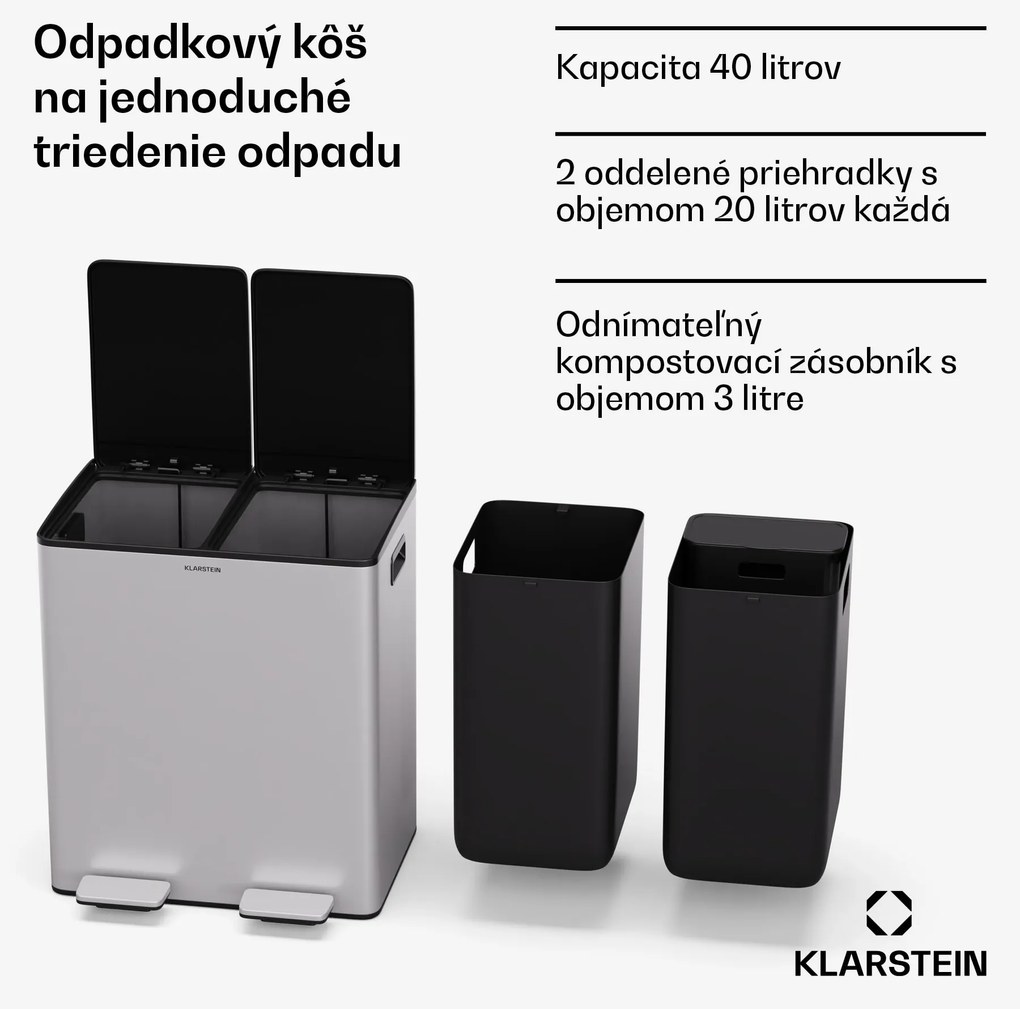 Klarstein EcoVista, odpadkový kôš s kompostérom, 40 l + 3 l/kôš + kompostér, Soft-Close