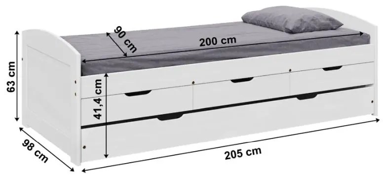 Kondela Posteľ s výsuvnou prístelkou, biela, masív, 90x200, MARINELLA NEW