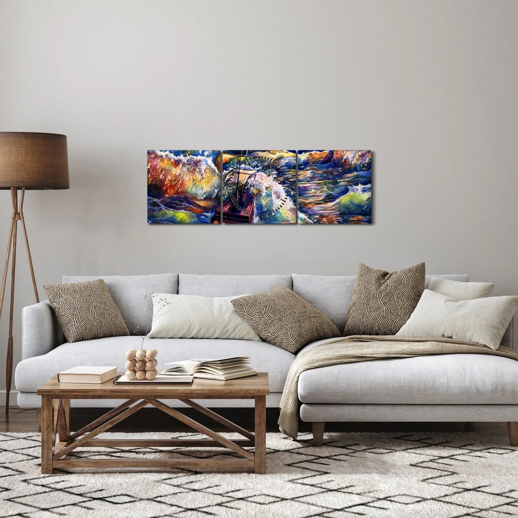 Obraz - Loď na oceánskych vlnách, aquarel (s hodinami) (90x30 cm)