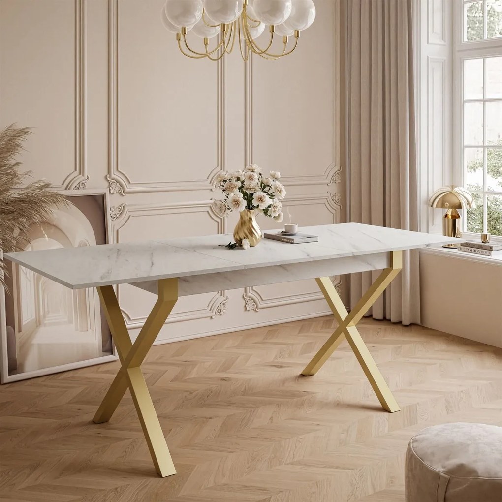 ROZKLADACÍ JEDÁLENSKÝ STÔL DANILO MRAMOR LEVANTO + ZLATÉ X NOHY 140 / 195 cm