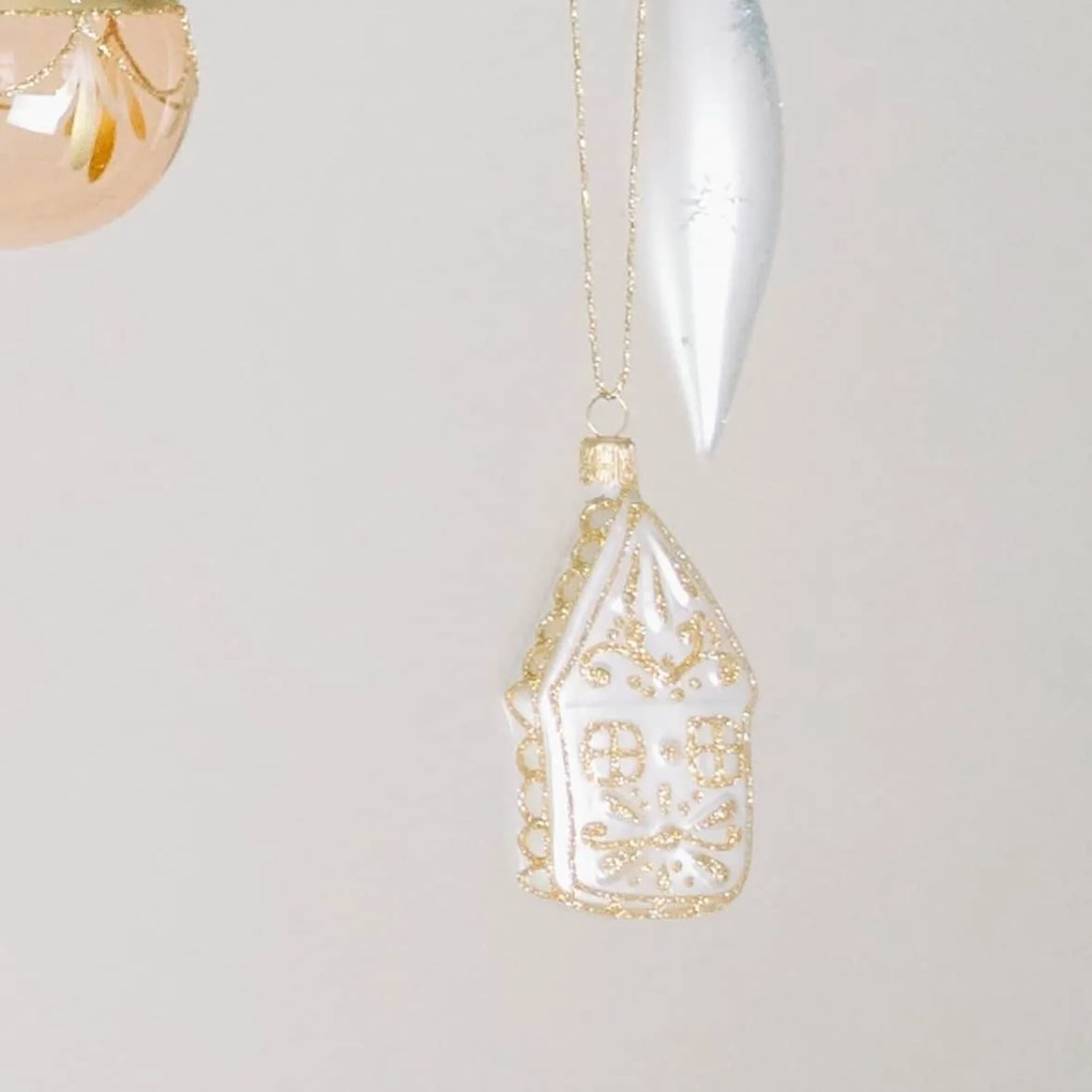 Bella Rose Sklenená vianočná ozdoba Chalúpka Biela Mat