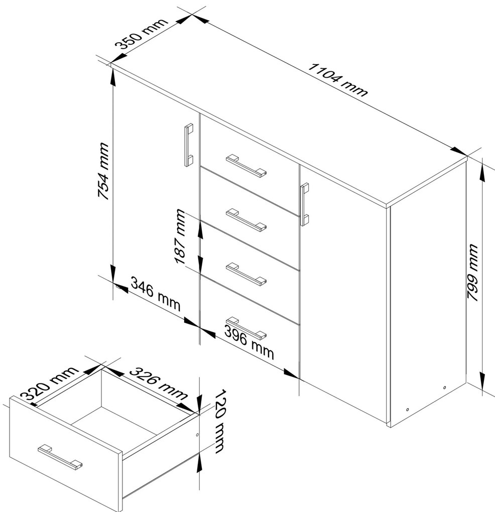 Komoda TORVI K 110 cm matná biela/matná grafitovo sivá