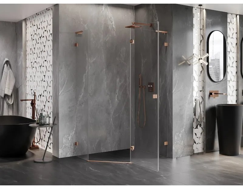 Mexen Lunar, L pravý výklopný päťuholníkový sprchový kút 100 x 80 cm, 8mm číre sklo, profil medená matná, 831L-100P-080L-65-00-P