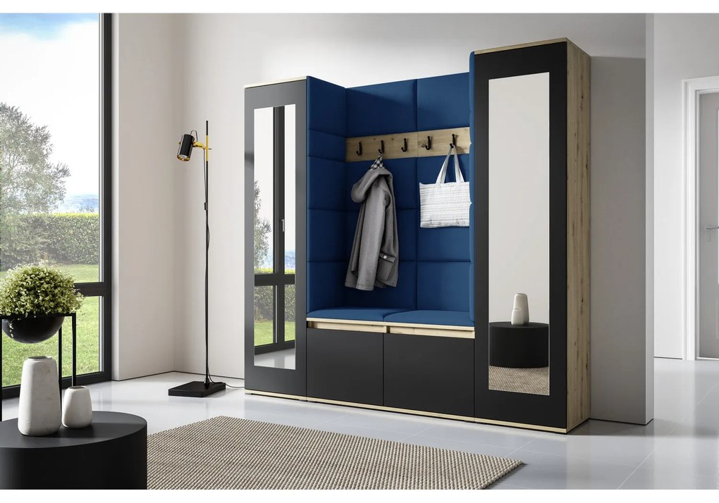 Predsieňová stena AMI 31 So zrkadlom Dub artisan + čierna Námornícka modrá