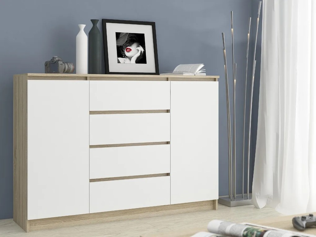 Komoda Kryštof 140 cm 2 skrinky a 4 zásuvky dub sonoma/biela