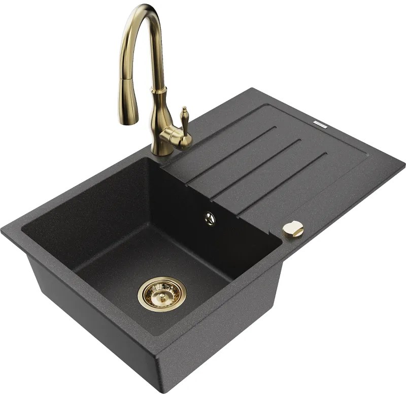 Mexen Bruno, 1-komorový granitový drez 795x495x200 mm a drezová batéria Savita, čierna škvrtnitá, 6513-76-672601-50