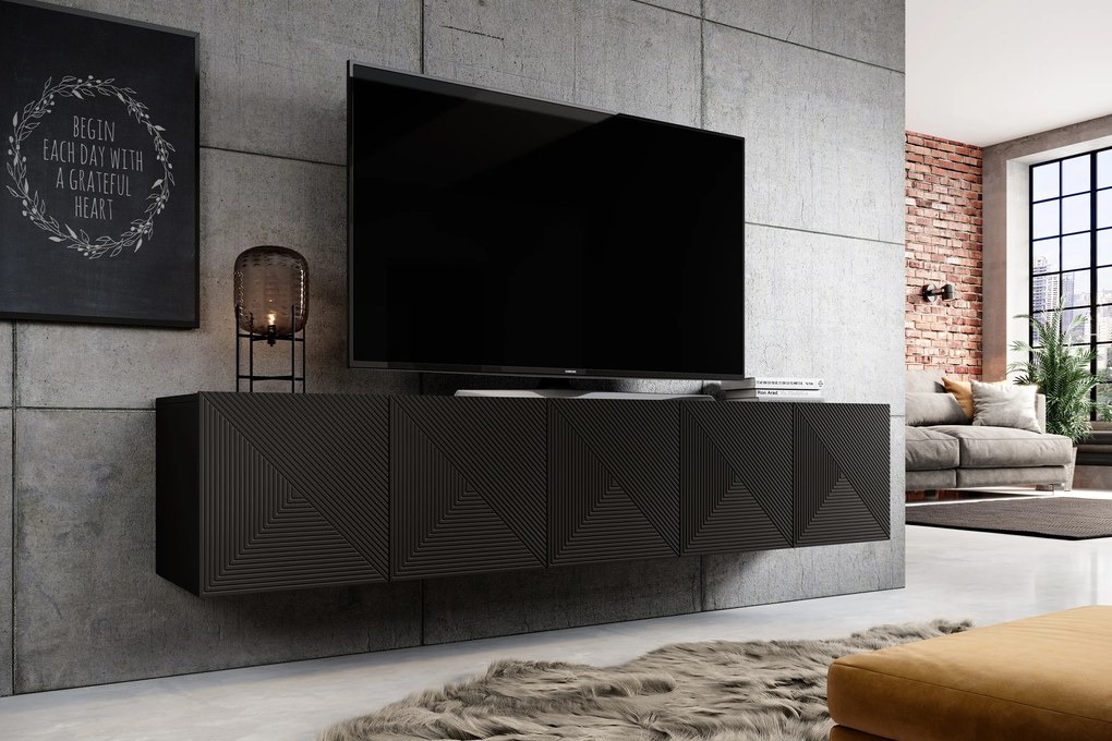 Závesná TV skrinka Asha 200 cm s ryhovaným čelom - čierny mat