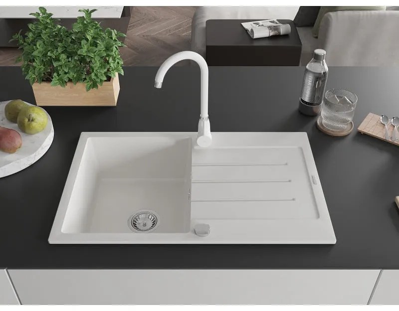 Mexen Bruno, 1-komorový granitový drez s odkvapkávačom 80x50 cm a kuchynskou batériou Telma, biela, 6513-20-670200-20