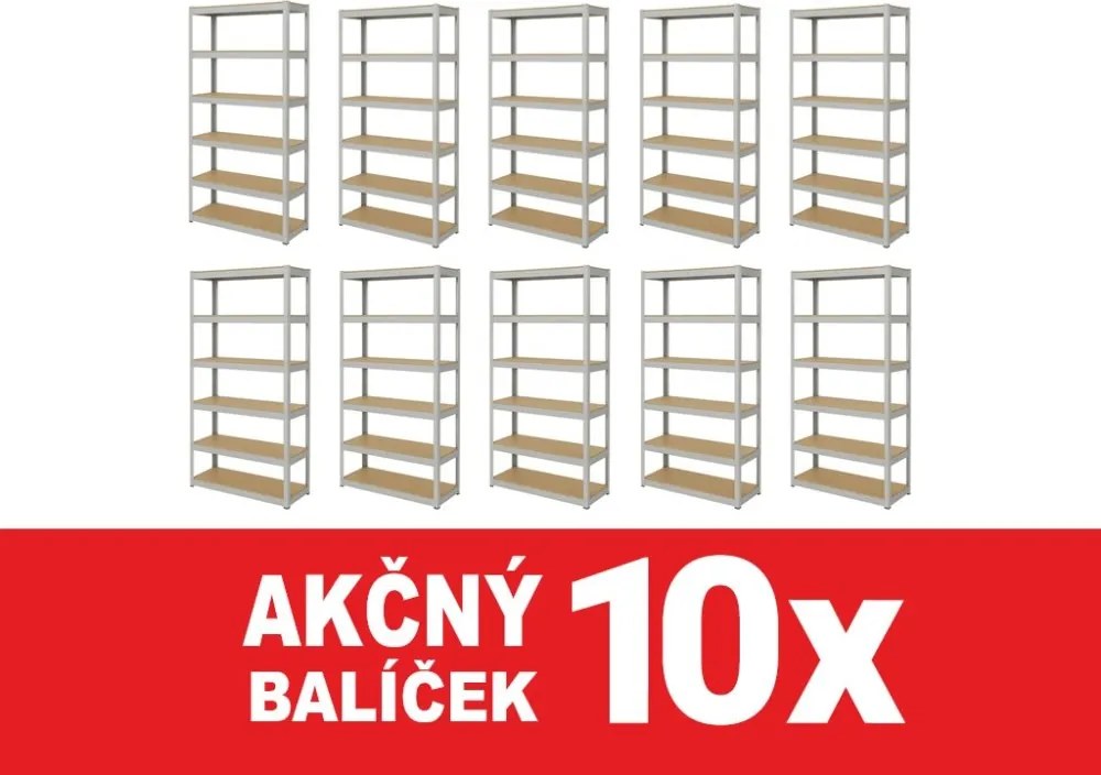 Akcia 10x Regál 220x90x60 cm pozinkovaný 6-policový, nosnosť 1050 kg