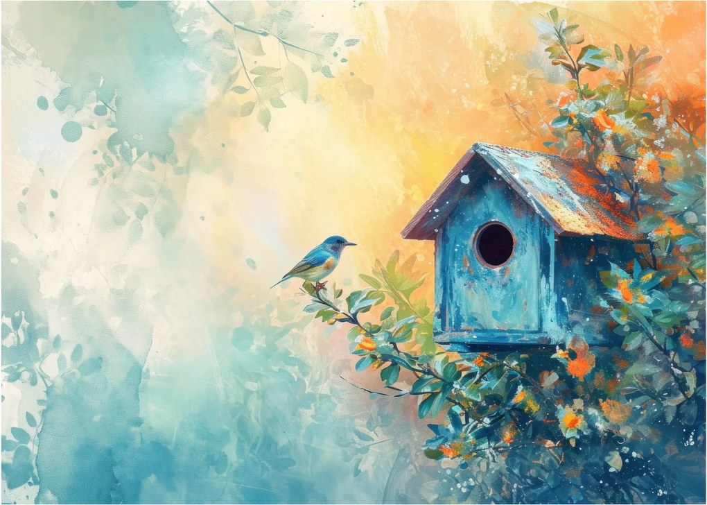 Sklenený obraz - Vtáčia búdka, akvarel (70x50 cm)