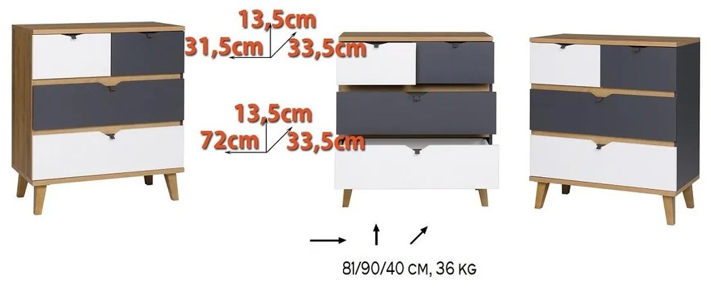Komoda Mimone K4SZ (dub zlatý + biela matná + grafit). Akcia -21%. Vlastná spoľahlivá doprava až k Vám domov. 1051783