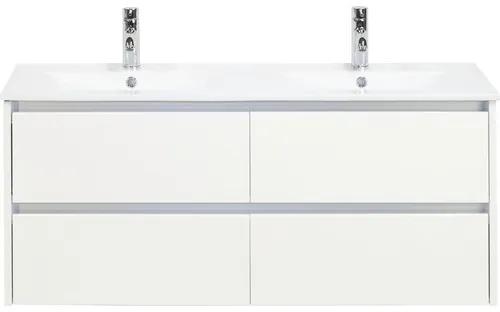 Kúpeľňový nábytkový set Dante 120 cm s keramickým dvojitým umývadlom biela vysoko lesklá a zrkadlovou skrinkou
