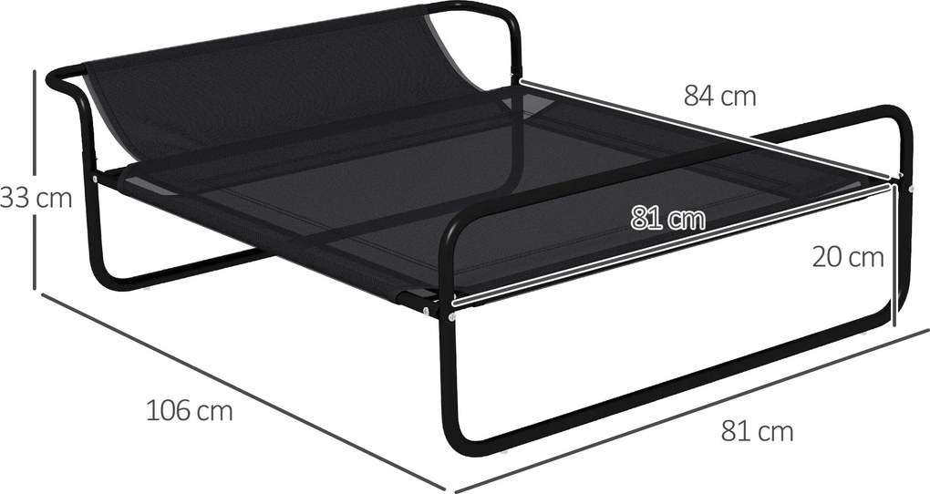 PawHut Vyvýšená Posteľ pre Psov a Mačky s Podhlavníkom, Mikroperforovaný Textilén, Do Interiéru alebo Exteriéru, 106 x 81 x 33 cm, Čierna | Aosom