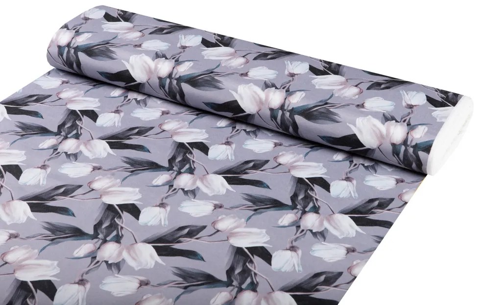 Biante Dekoračný okrúhly obrus PML-034 Biele tulipány na sivom Ø 110 cm