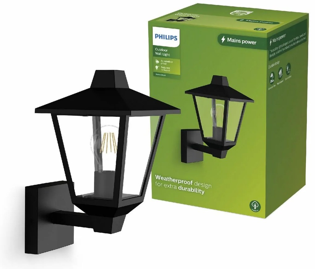 Vonkajšie nástenné svietidlo Philips Kinno sosvetlením čierne, E27, max. 1x25 W