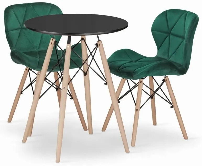 Jedálenská zostava TODI 60cm okrúhly stolový set čierny + 2 stoličky LAGO zelené