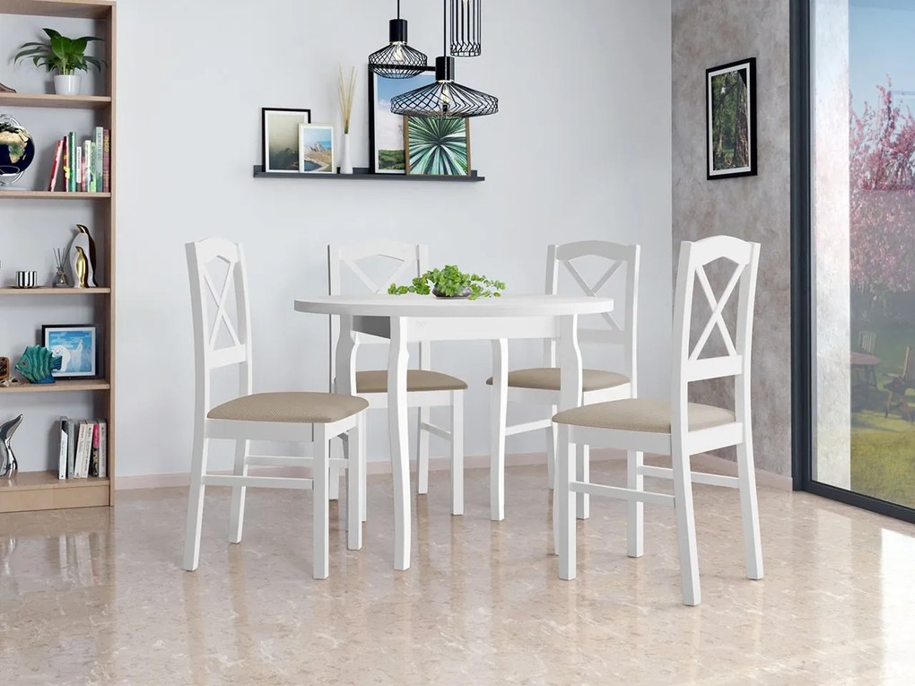 Okrúhly stôl so 4 stoličkami - AL55, Morenie: biela, Poťahové látky: 25x - Paros 2
