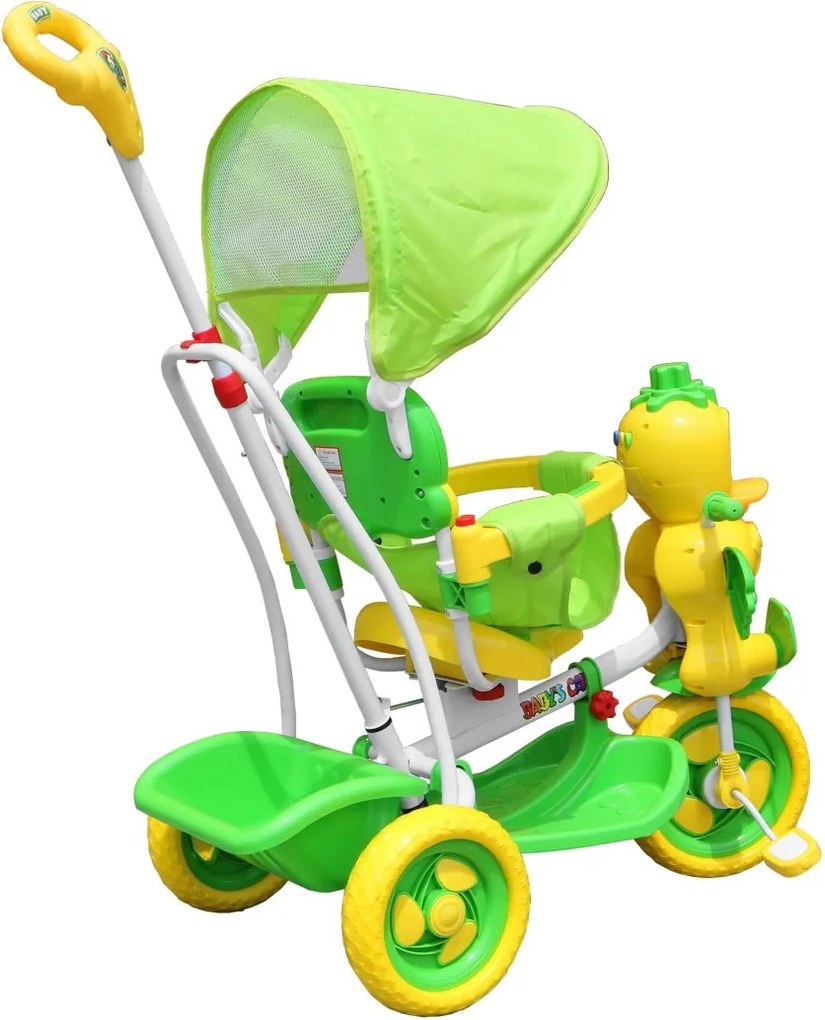 RAMIZ Detský bicykel Green Duck s 3 kolesami + zvuky + strecha + zábrana + opierka na nohy + rukoväť + úložný priestor A11-2- zelené