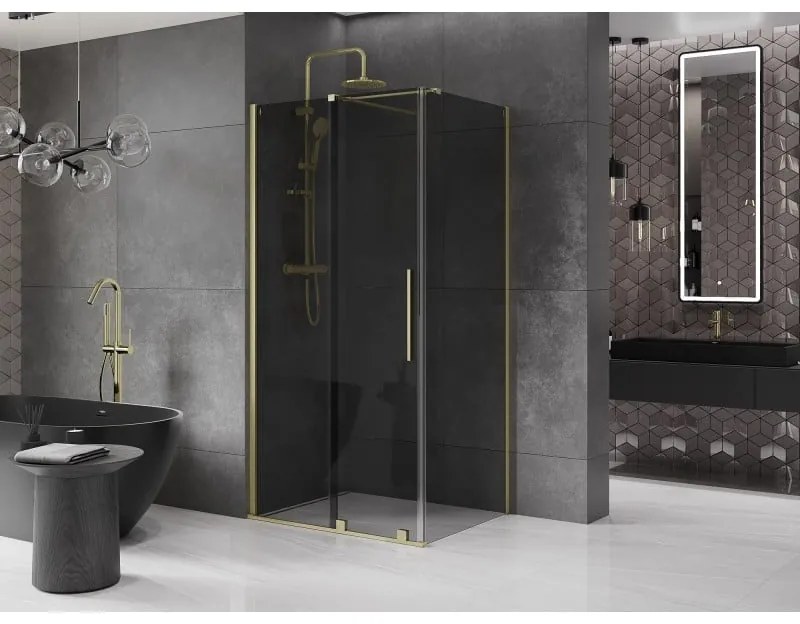 Mexen Velar, sprchový kút s posuvnými dverami 130 x 90 cm, 8mm šedé sklo, zlatá matná, 871-130-090-41-55