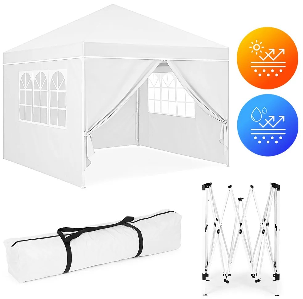 Záhradný pavilónový stan 3x3 m, automaticky rozkladací + 4 bočné steny, biely, MultiGarden