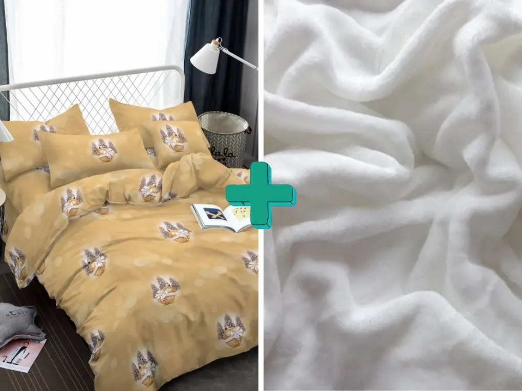 Obliečky z mikrovlákna TREES AND ORNAMENT žlté + plachta mikroplyš SOFT 90x200 cm biela