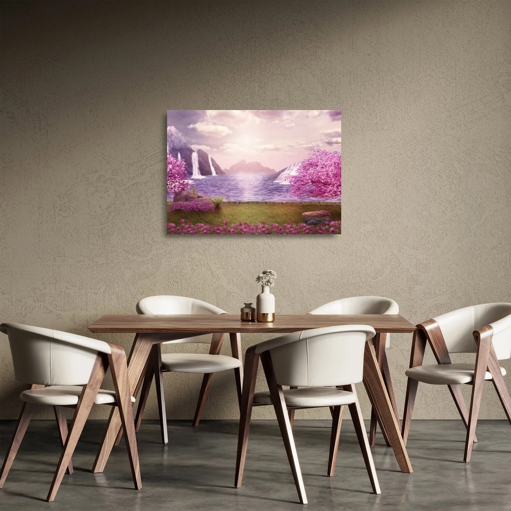 Sklenený obraz ružových stromov s jazerom (70x50 cm)