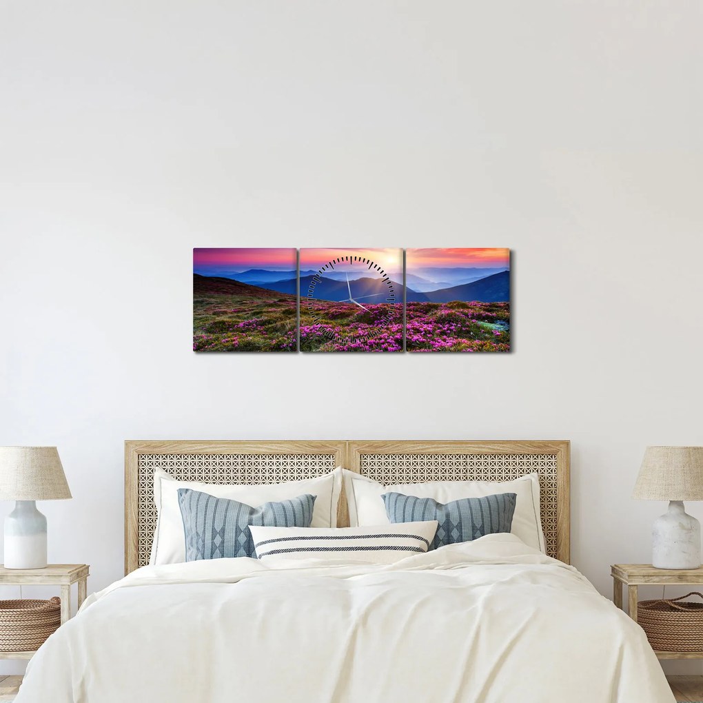 Obraz - Horská rozkvitnutá krajina (s hodinami) (90x30 cm)
