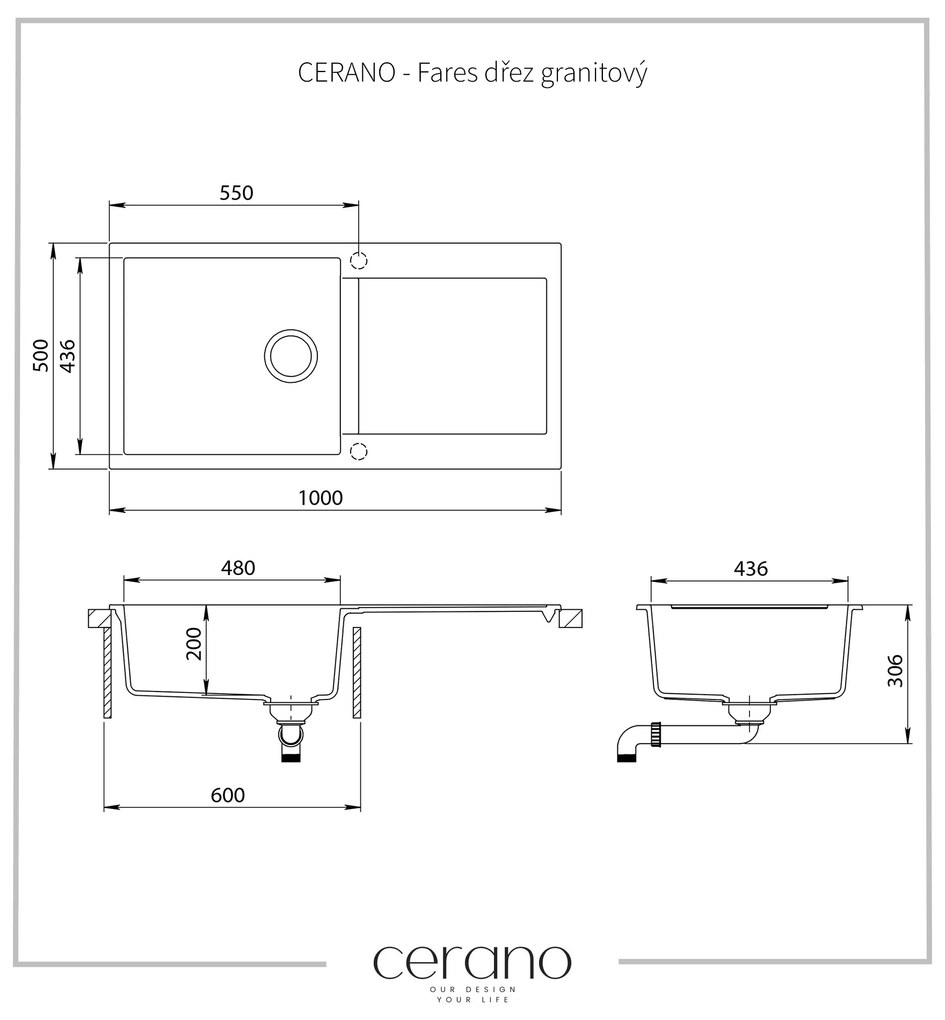 Cerano Fares, drez granitový, 1-komorový s odkvapkávačom, 1000 x 500 mm, čierna metalická, CER-LIVSQT103-B
