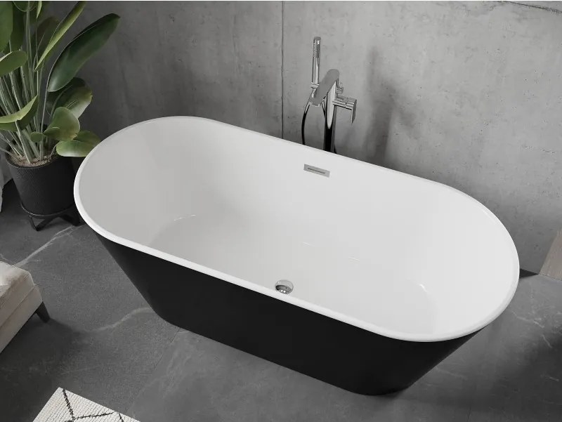 Mexen Flavia, voľne stojaca vaňa 150 x 75 cm, biela-čierna, chrómový prepad, 54031507575-01