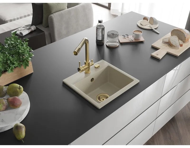 Mexen Milo, granitový drez 435x410x171 mm, 1-komorový a zlatá batéria Duero, béžová, 6505-69-671600-50