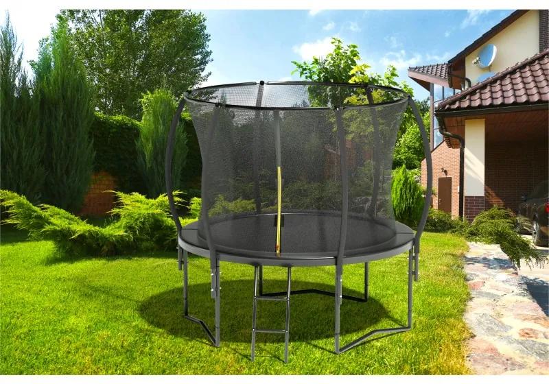 Čierna záhradná tralína JUMP 244 cm s ochrannou sieťou a rebríkom
