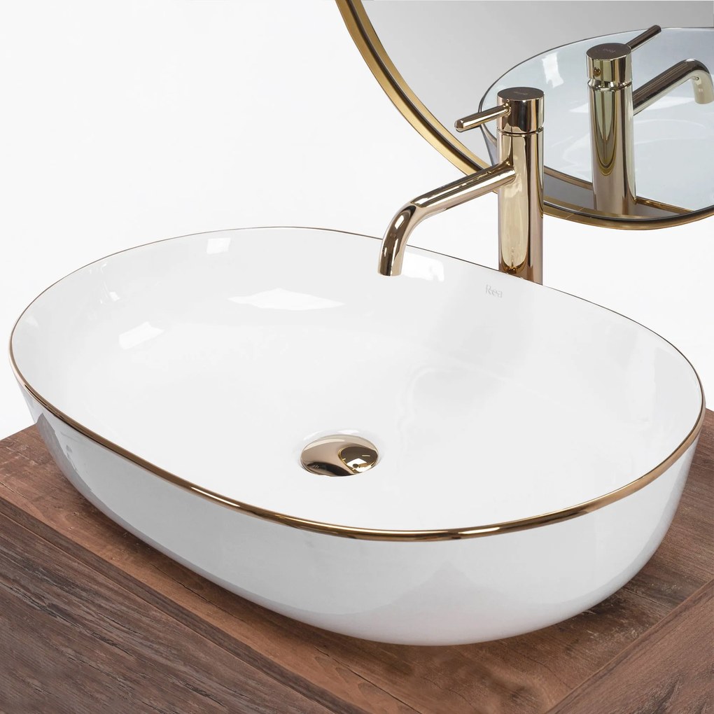 Rea Cleo Gold Edge, umývadlo na dosku 61x41 cm, biela-zlatý okraj, REA-U6211
