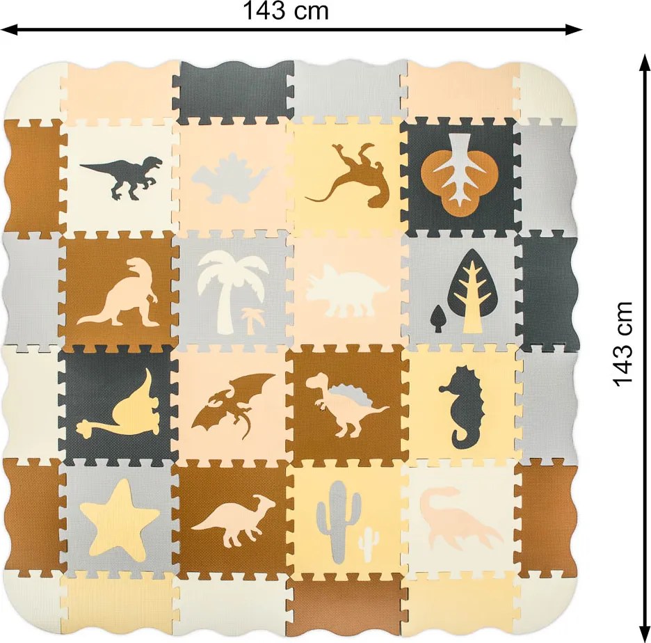 KIK Penová puzzle podložka a ohrádka pre deti, dinosaury, hnedá, 143 x 143 cm