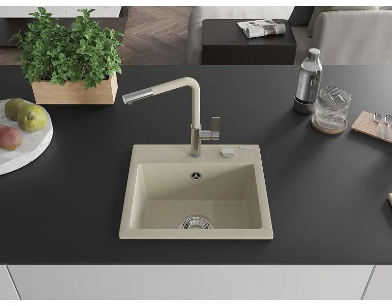 Mexen Milo, 1-komorový granitový drez 435x410x171 mm a drezová batéria Flora, béžová, 6505-69-670401-09