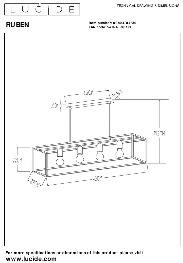 Lucide 00424/04/30 luster Ruben 4x40W | E27